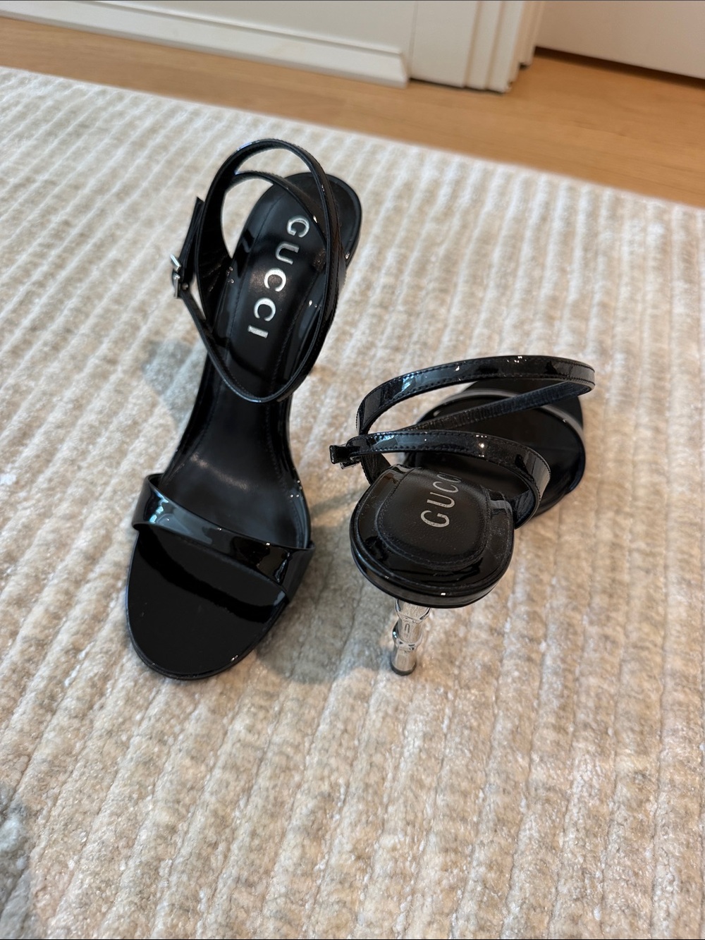 Gucci Black Patent Leather Strappy Heels with Silver-Tone Heel